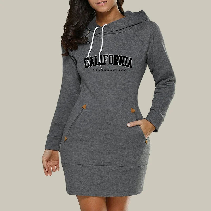 California Women's Knee Length Hooded Dress with Side Zipper