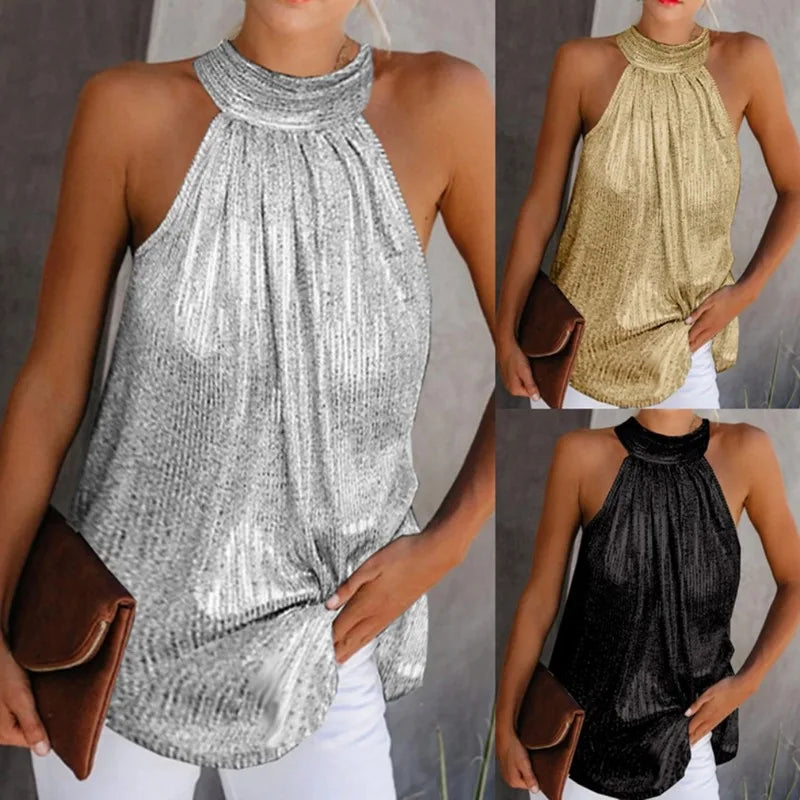 Plus Size Bright Silk Off Shoulder Sleeveless Tee for Women