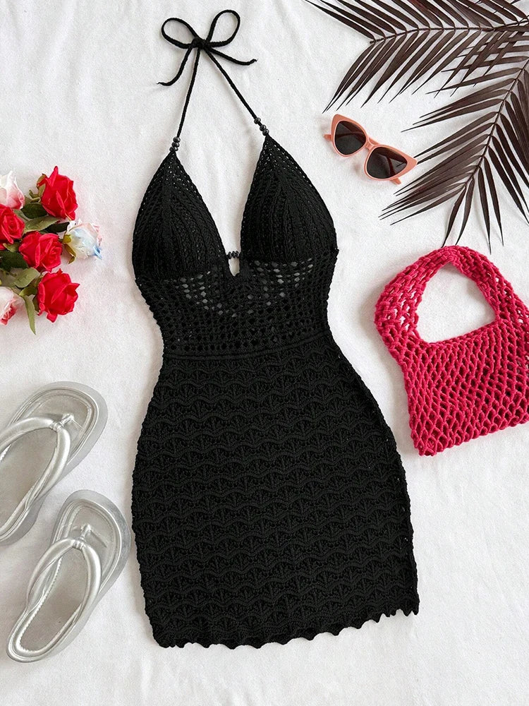 Gradient Knitted Summer Dress Sexy V-Neck, Slim Fit with Wood Beads