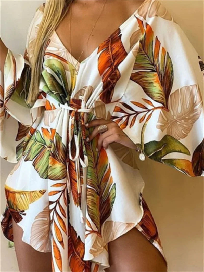 Women’s Boho Floral V Neck Mini Dress Summer Beach Sundress