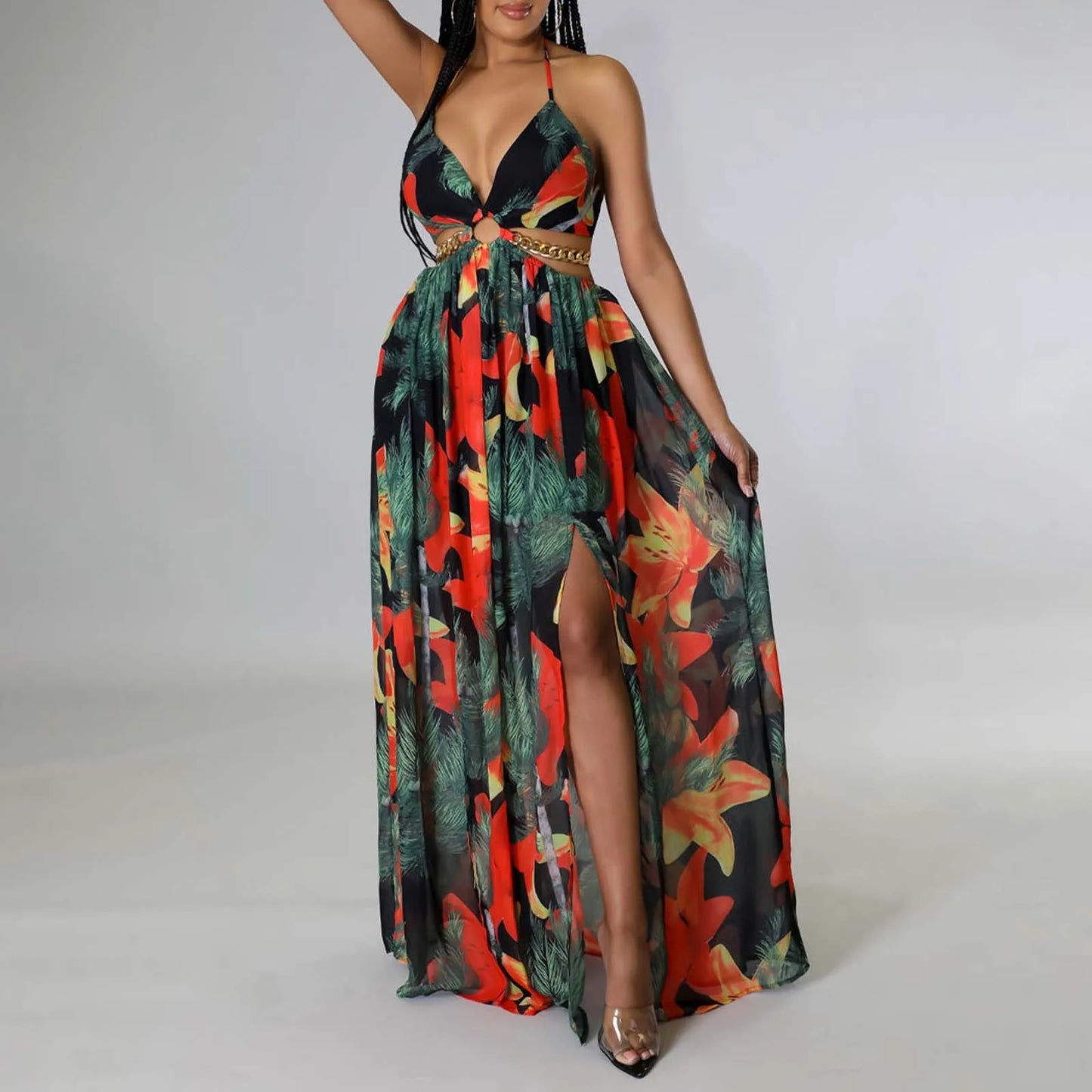 Floral Print French Halterneck Maxi Dress Elegant Summer Split