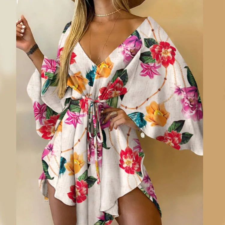 Women’s Boho Floral V Neck Mini Dress Summer Beach Sundress
