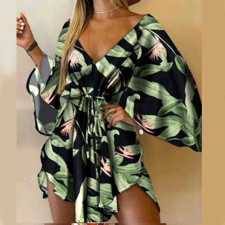 Women’s Boho Floral V Neck Mini Dress Summer Beach Sundress