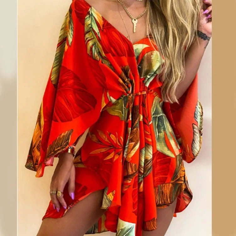 Women’s Boho Floral V Neck Mini Dress Summer Beach Sundress