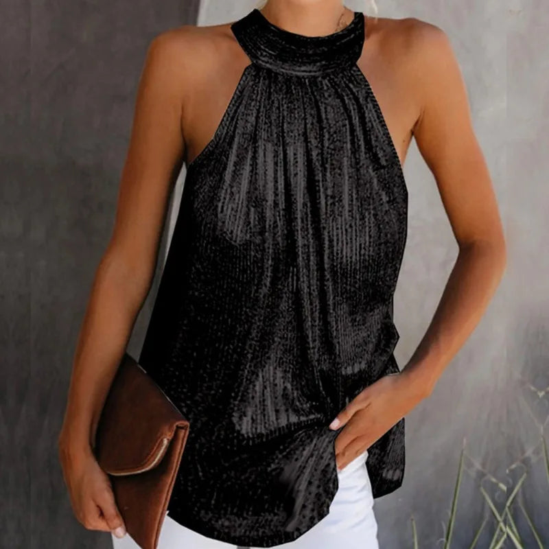 Plus Size Bright Silk Off Shoulder Sleeveless Tee for Women