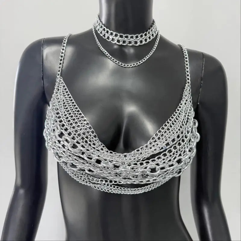 "White Pearl Silver Body Chain Suspender Fashionable Women's Layered Top