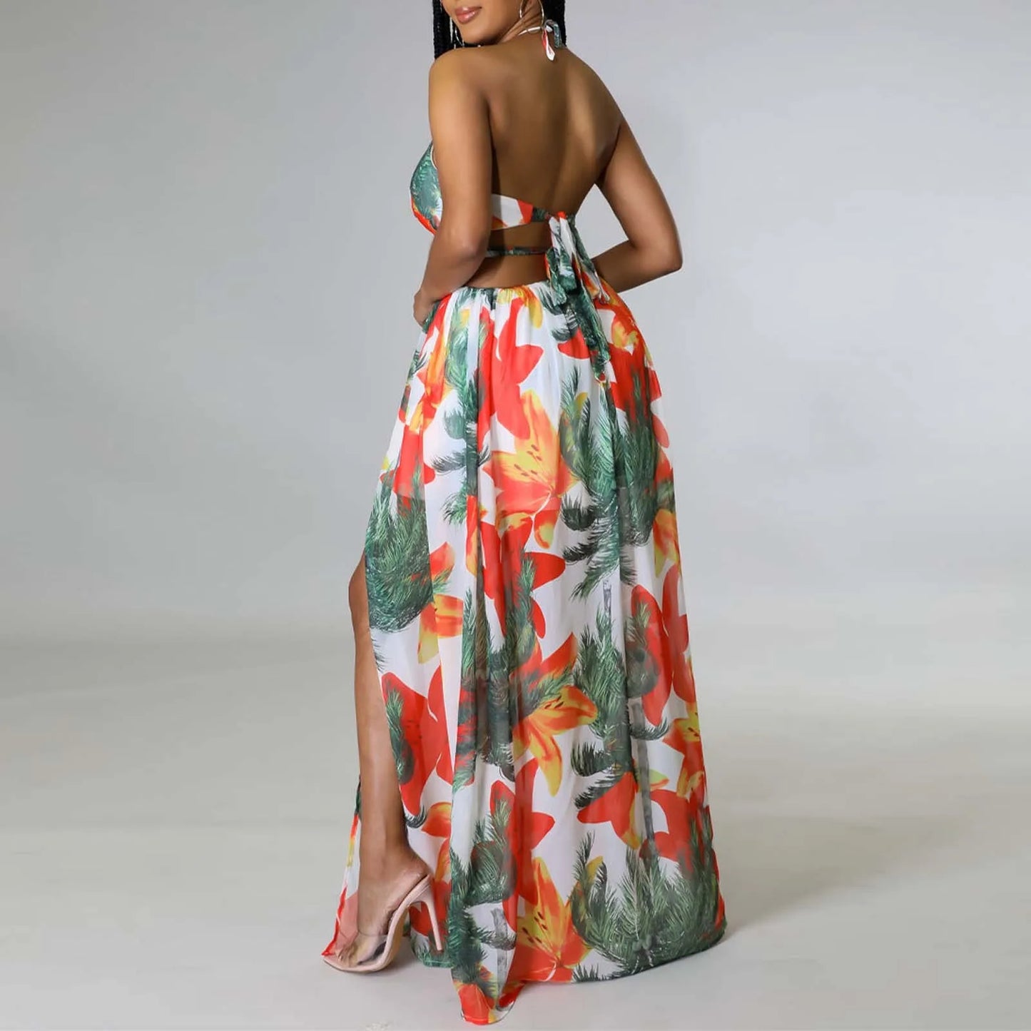 Floral Print French Halterneck Maxi Dress Elegant Summer Split