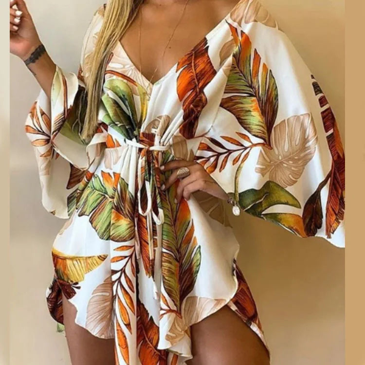 Women’s Boho Floral V Neck Mini Dress Summer Beach Sundress