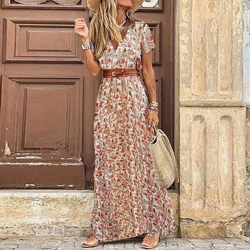 2024 Summer Boho Floral V Neck Long Dress with Belt