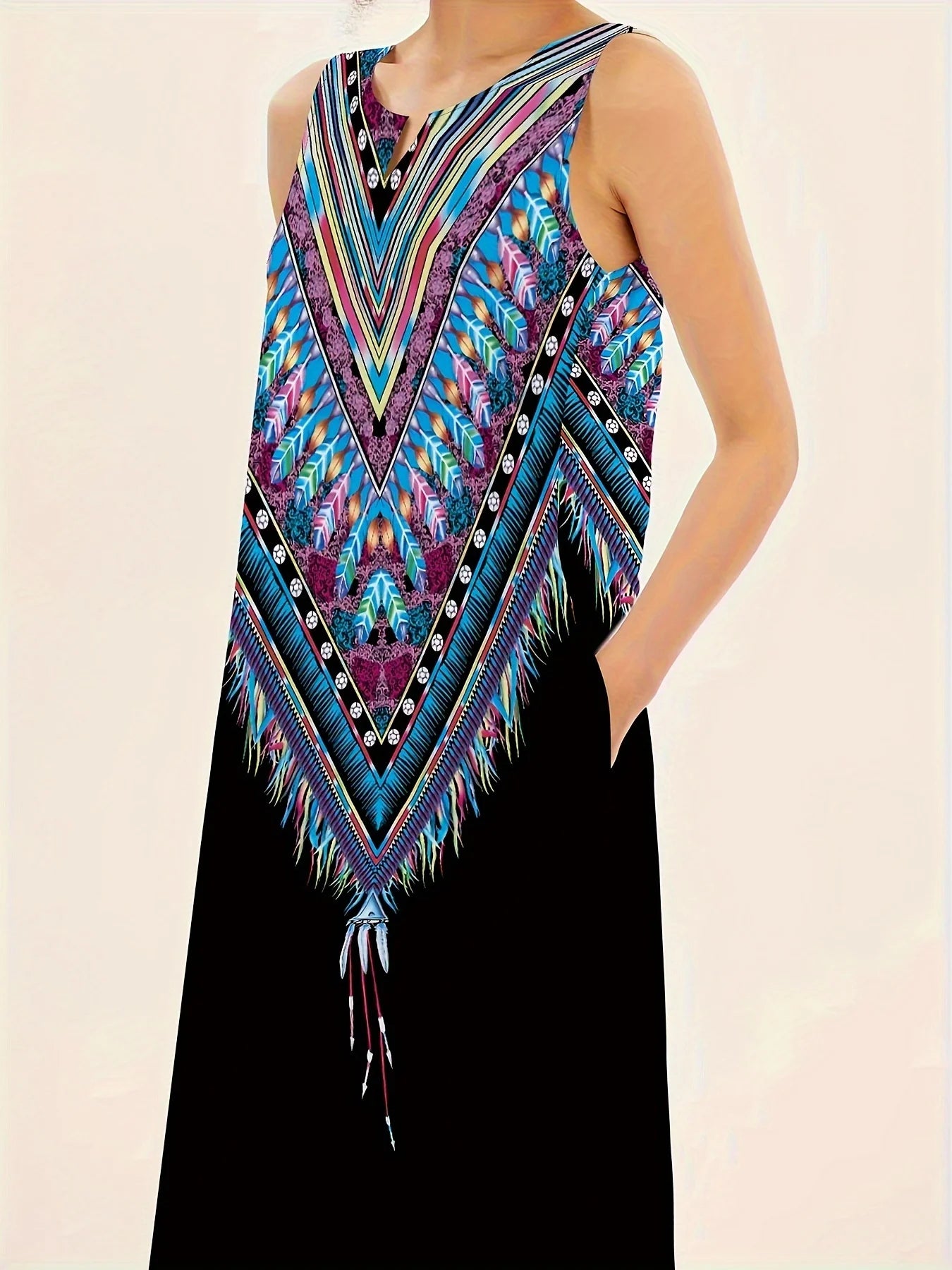 Women’s Plus Size Sleeveless V Neck Feather Print Summer Dress