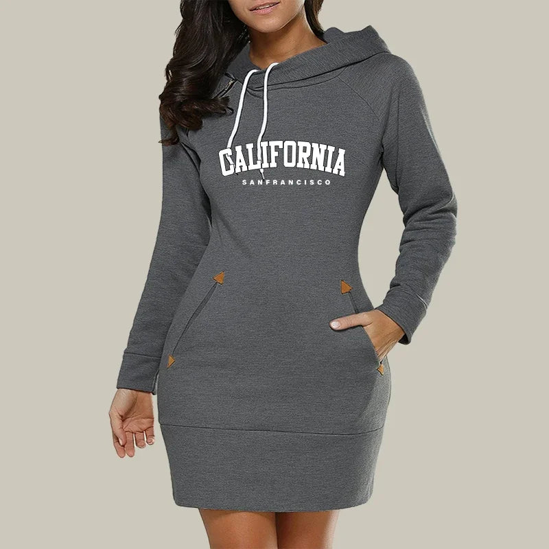 California Women's Knee Length Hooded Dress with Side Zipper