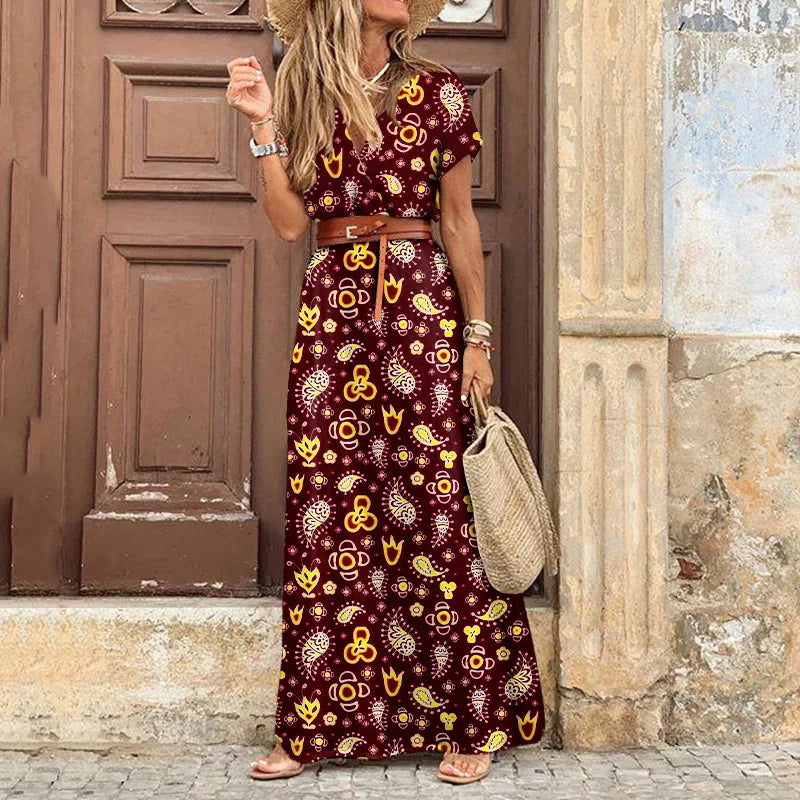2024 Summer Boho Floral V Neck Long Dress with Belt