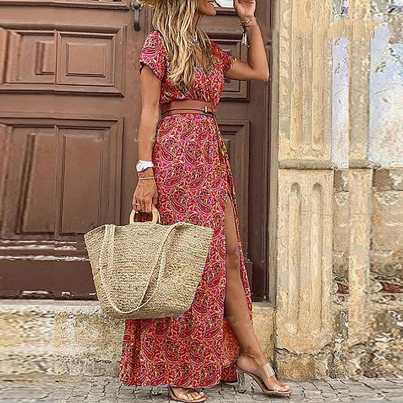 2024 Summer Boho Floral V Neck Long Dress with Belt