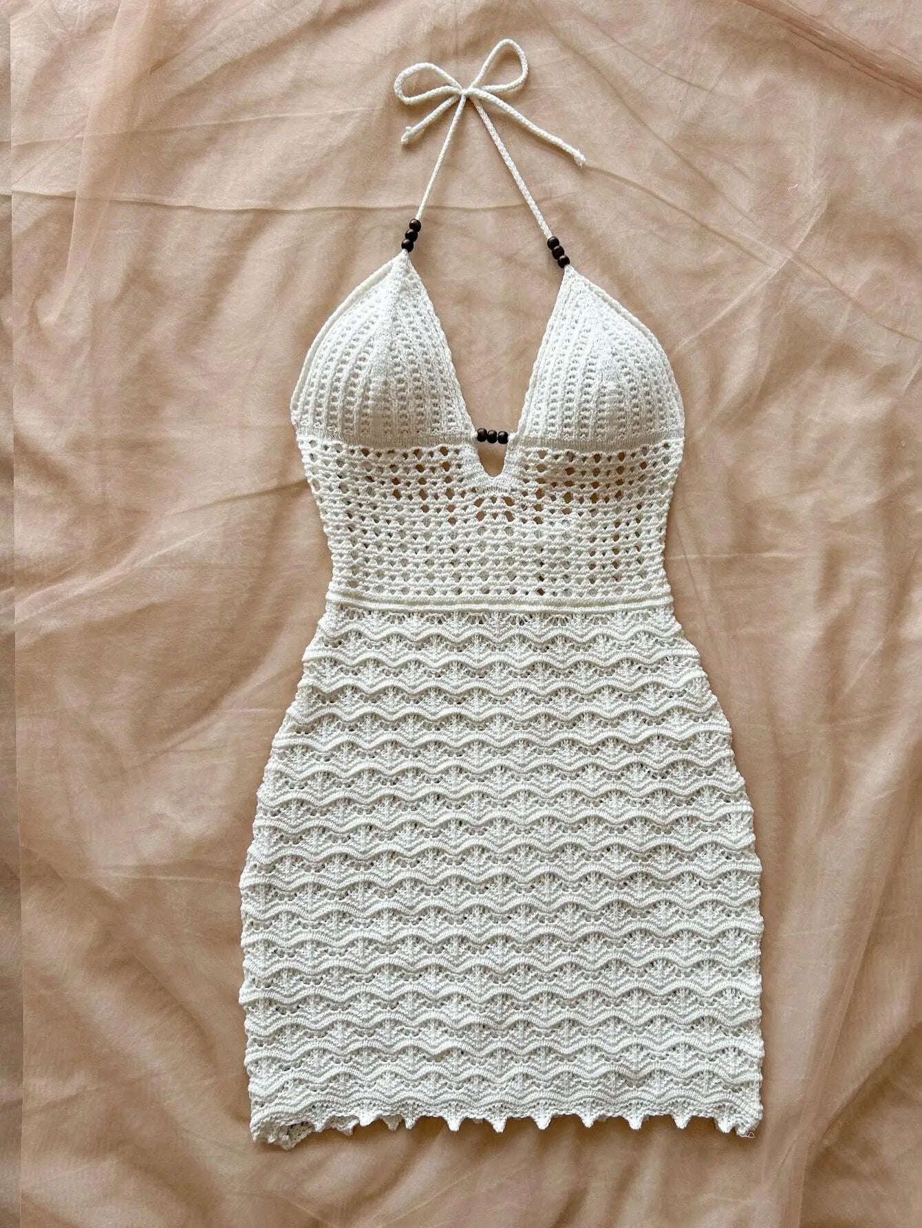 Gradient Knitted Summer Dress Sexy V-Neck, Slim Fit with Wood Beads