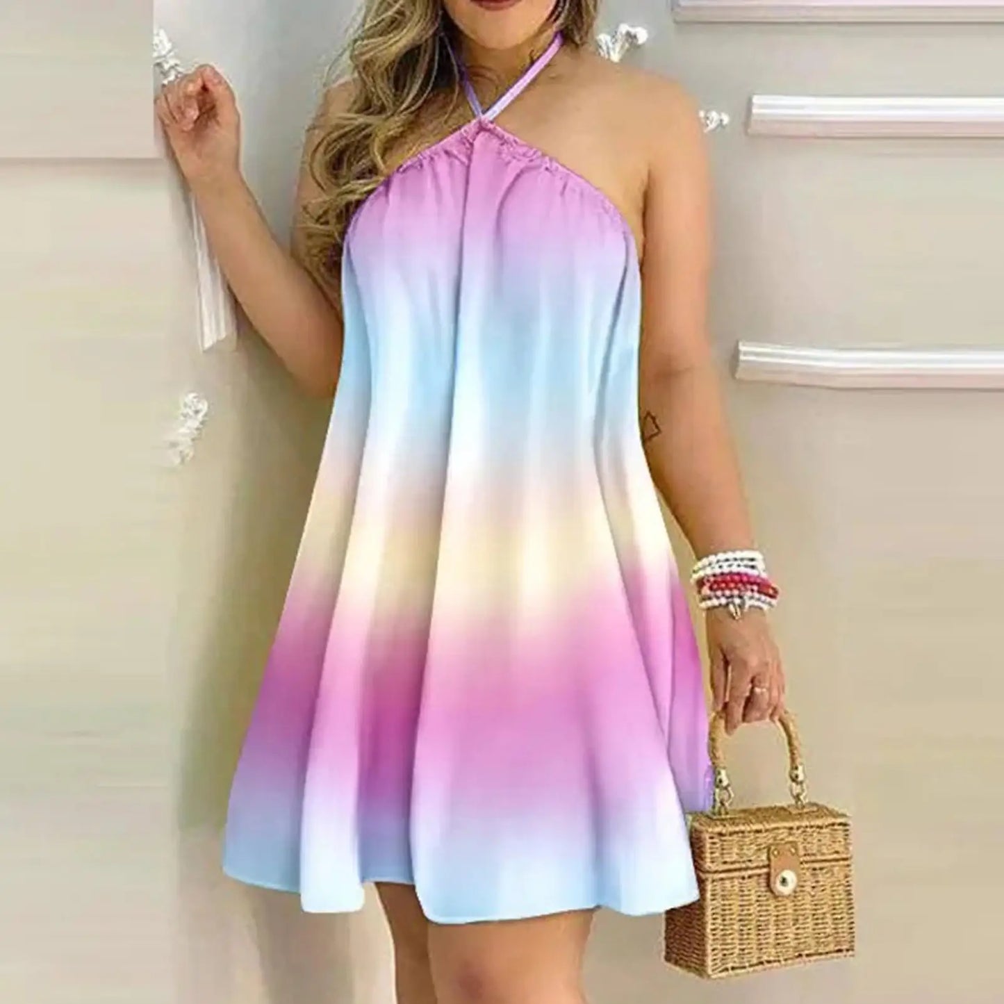 Plus Size Floral Halter Mini Dress Backless Beach Sundress