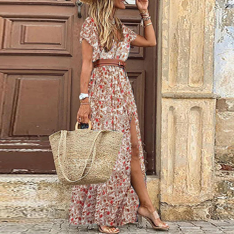 2024 Summer Boho Floral V Neck Long Dress with Belt