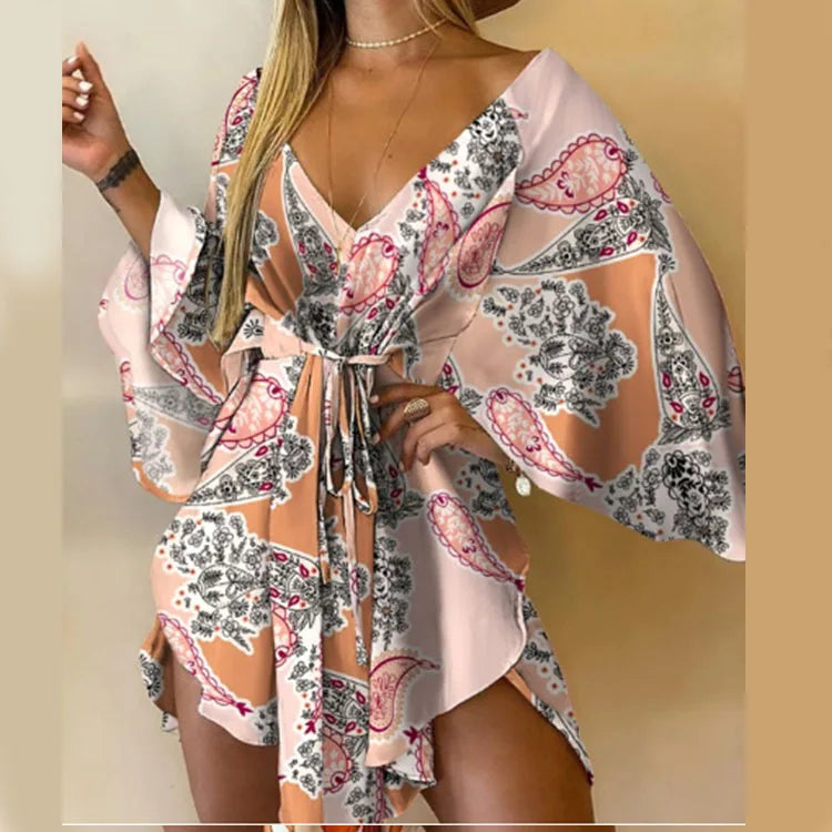 Women’s Boho Floral V Neck Mini Dress Summer Beach Sundress