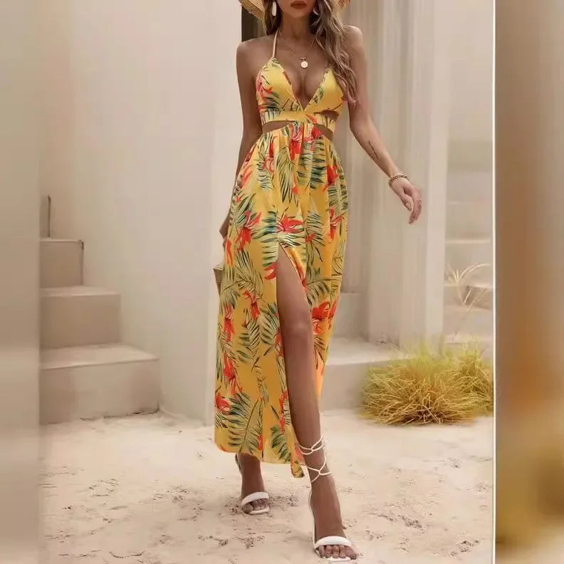 2024 Summer Women's Boho Printed Bareback Bow Split Dress