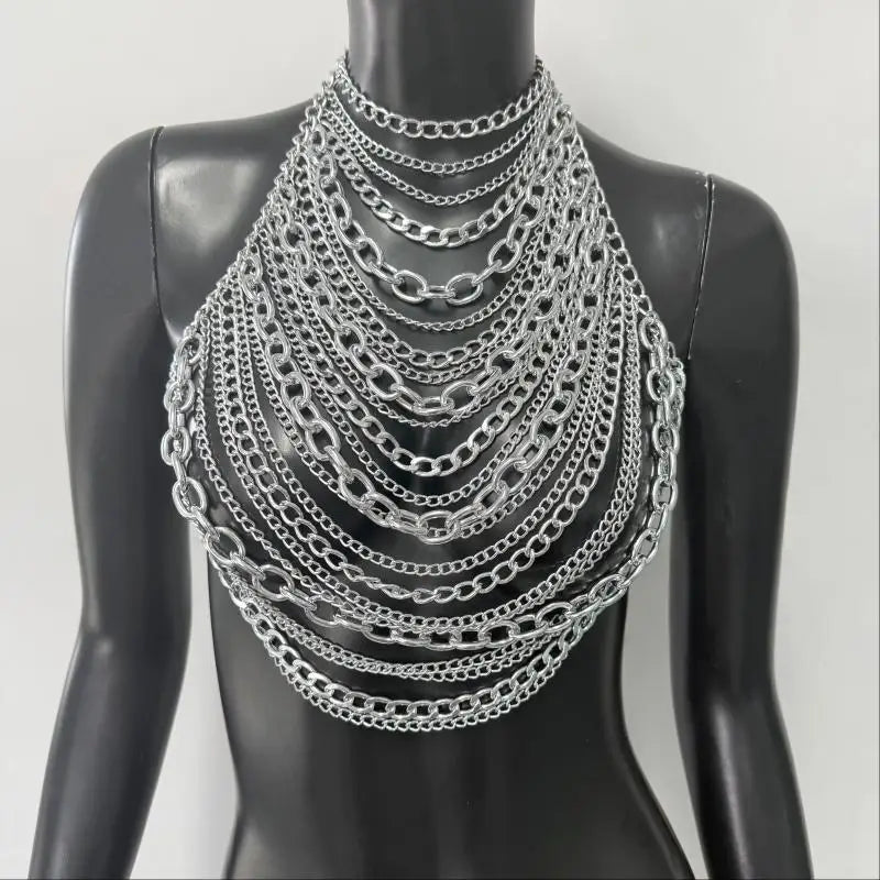 "White Pearl Silver Body Chain Suspender Fashionable Women's Layered Top