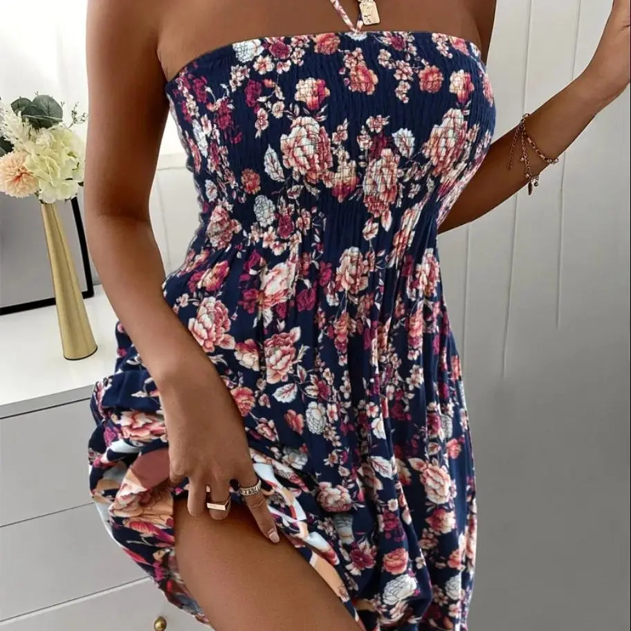 Floral Halter Neck Shirred Dress Spring & Summer