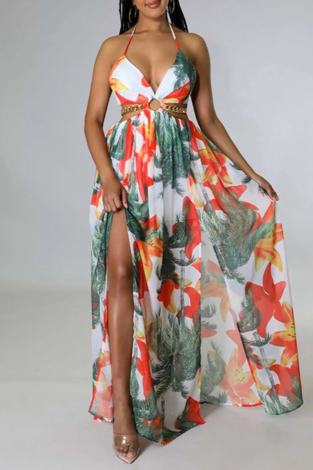 Floral Print French Halterneck Maxi Dress Elegant Summer Split