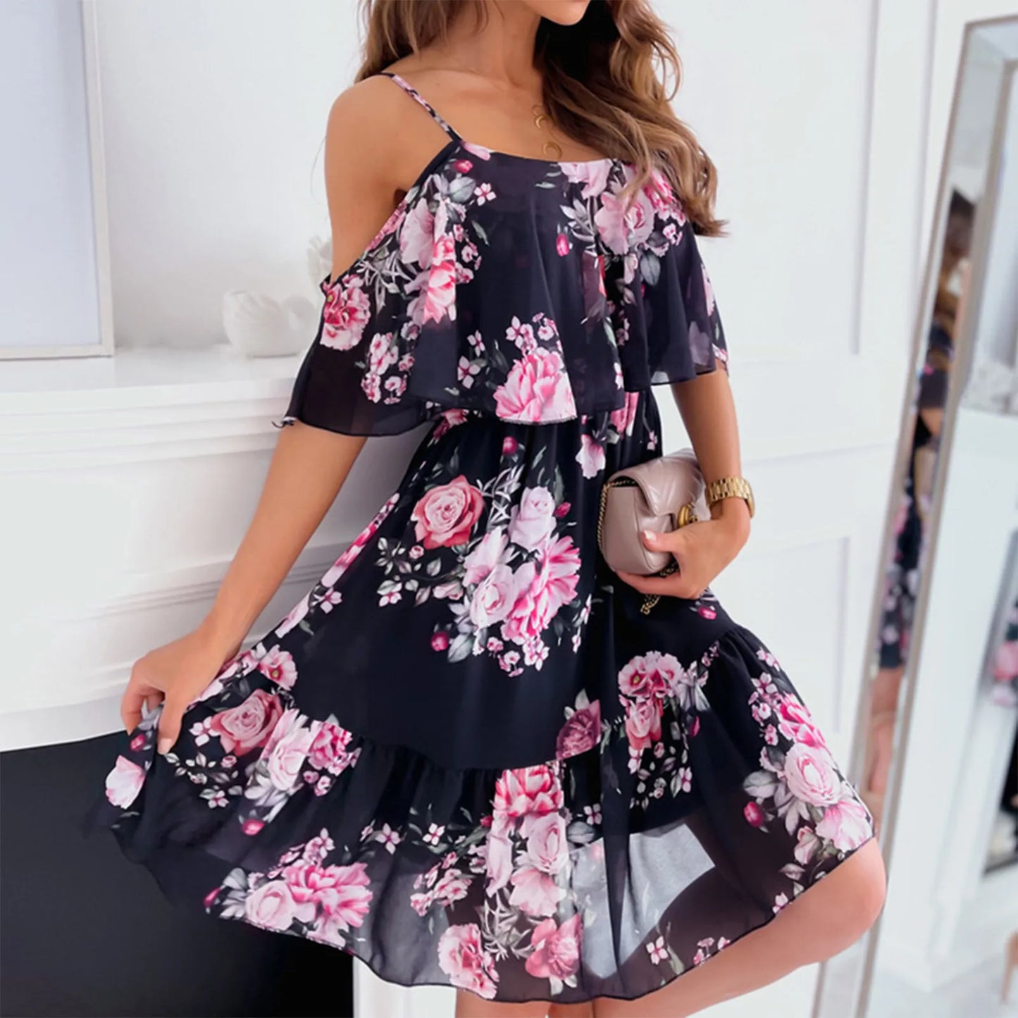 2024 Women's Off-Shoulder Chiffon Ruffle Maxi Dress