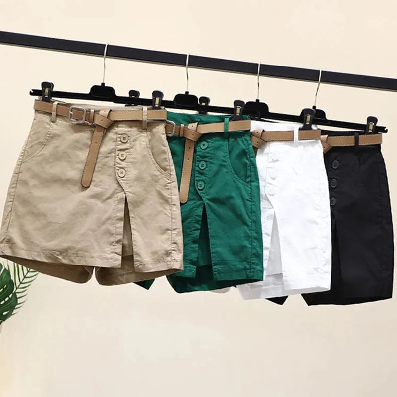 GIDYQ Women's Chic A-line Shorts with Belt & Side Slit Summer Streetwear