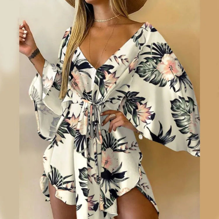 Women’s Boho Floral V Neck Mini Dress Summer Beach Sundress