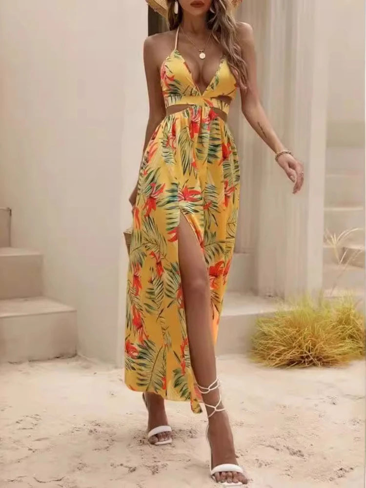 2024 Summer Women's Boho Printed Bareback Bow Split Dress