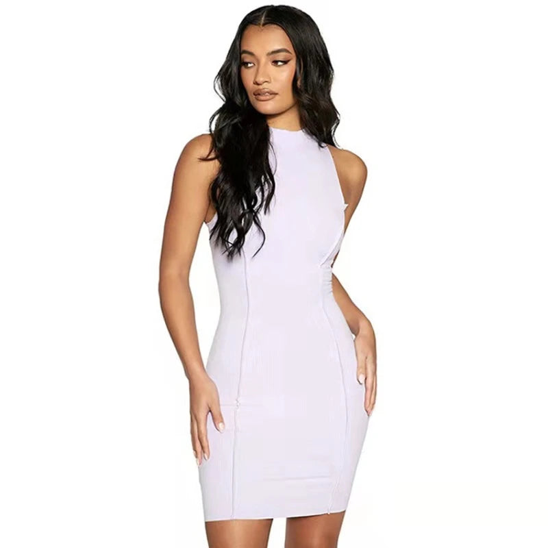 Women’s Summer Slim Wrap Sleeveless Mini Dress Solid Patchwork O Neck