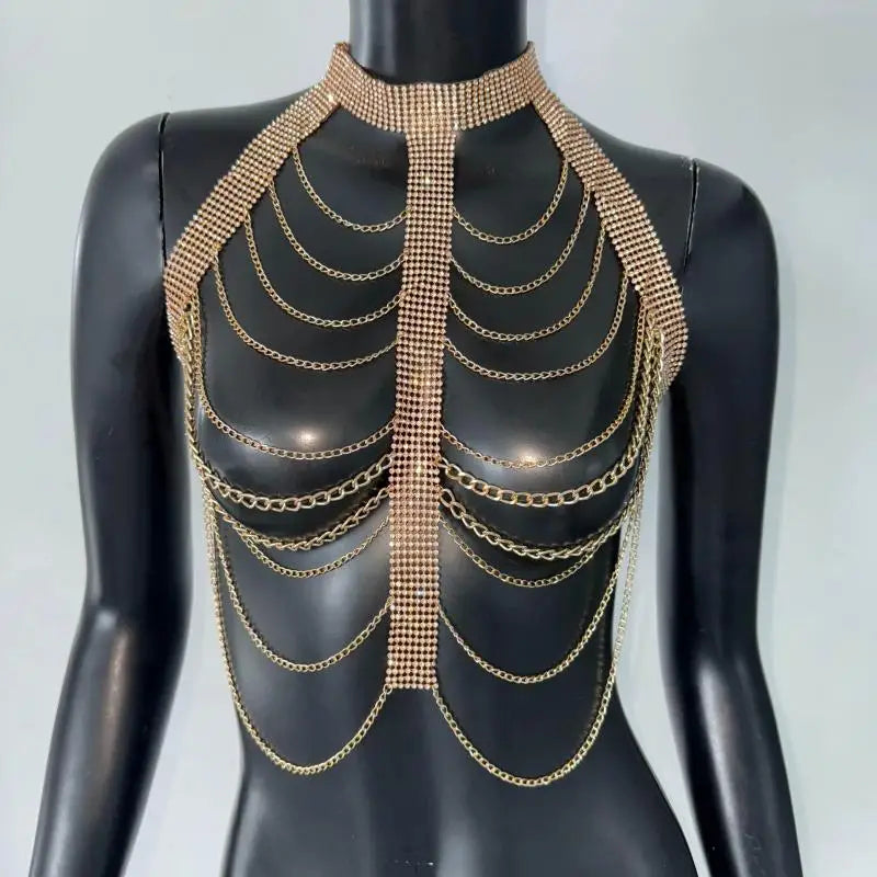 "White Pearl Silver Body Chain Suspender Fashionable Women's Layered Top