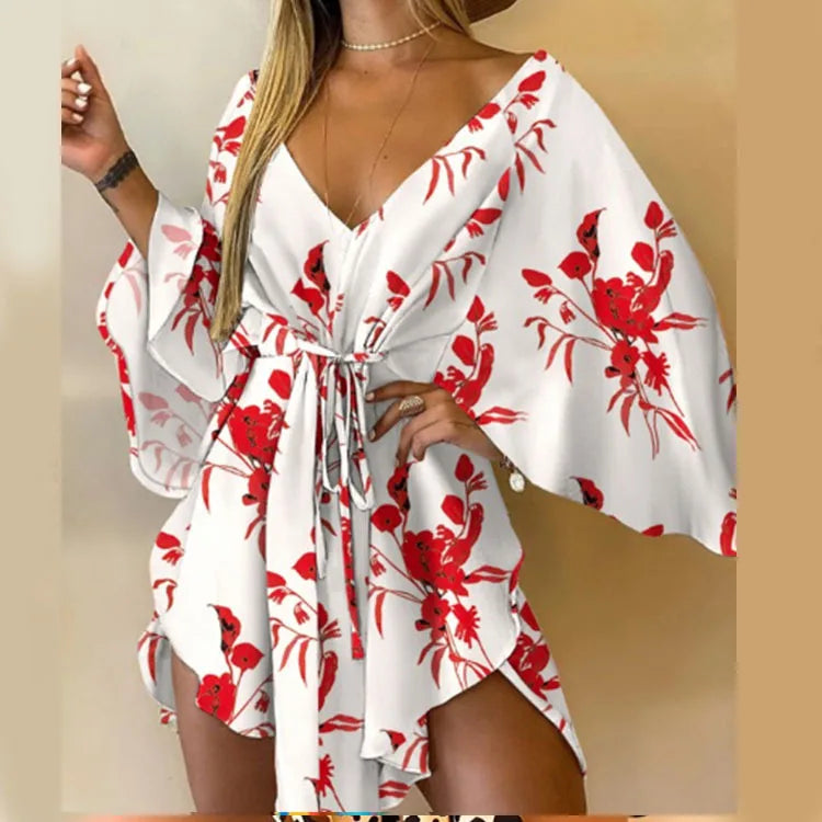 Women’s Boho Floral V Neck Mini Dress Summer Beach Sundress
