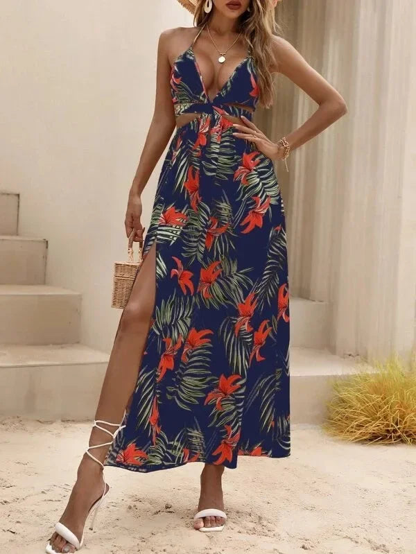 2024 Summer Women's Boho Printed Bareback Bow Split Dress
