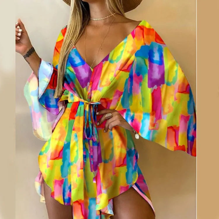 Women’s Boho Floral V Neck Mini Dress Summer Beach Sundress