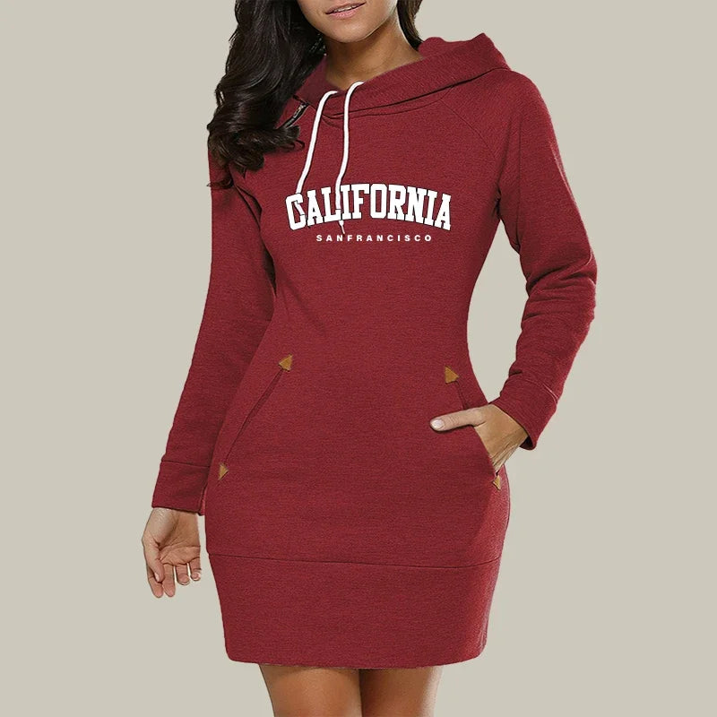 California Women's Knee Length Hooded Dress with Side Zipper