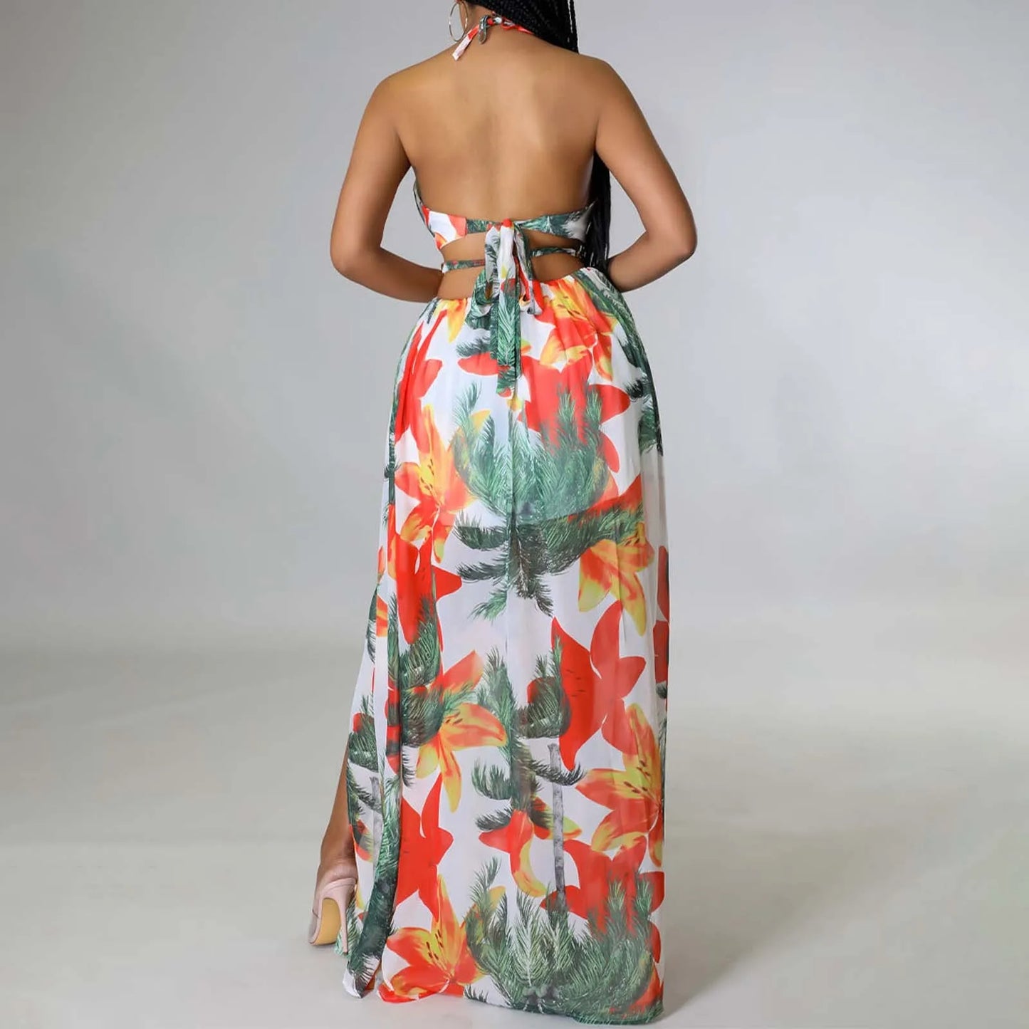 Floral Print French Halterneck Maxi Dress Elegant Summer Split