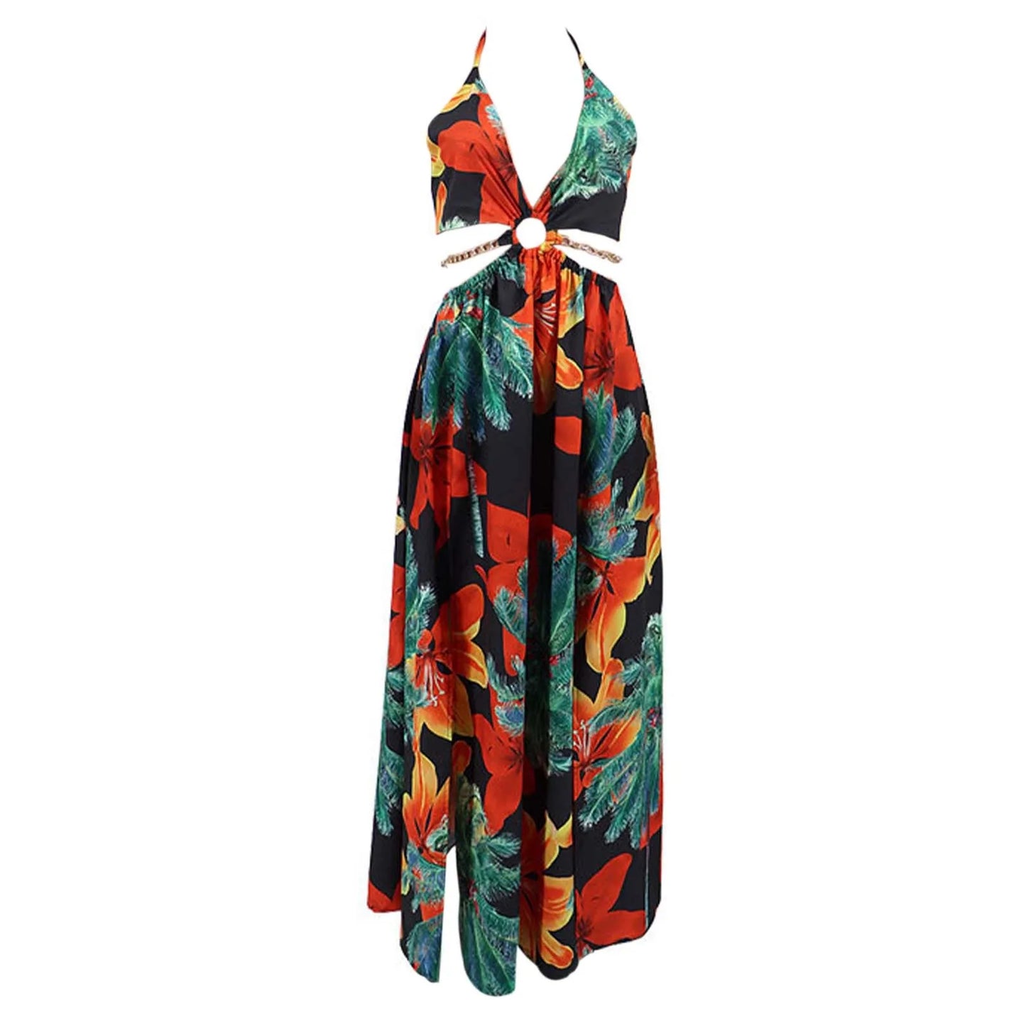 Floral Print French Halterneck Maxi Dress Elegant Summer Split