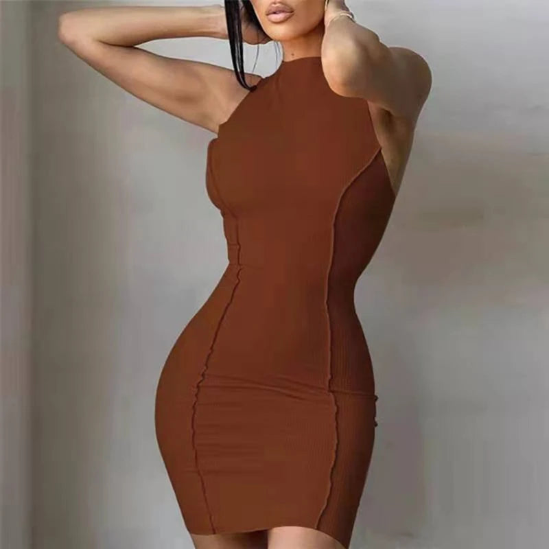 Women’s Summer Slim Wrap Sleeveless Mini Dress Solid Patchwork O Neck