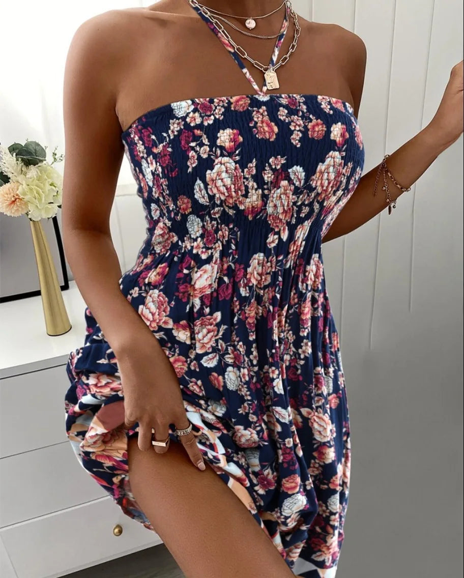 Floral Halter Neck Shirred Dress Spring & Summer