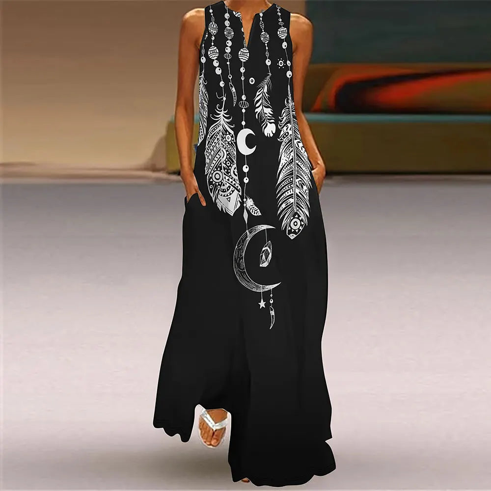 Women’s Plus Size Sleeveless V Neck Feather Print Summer Dress