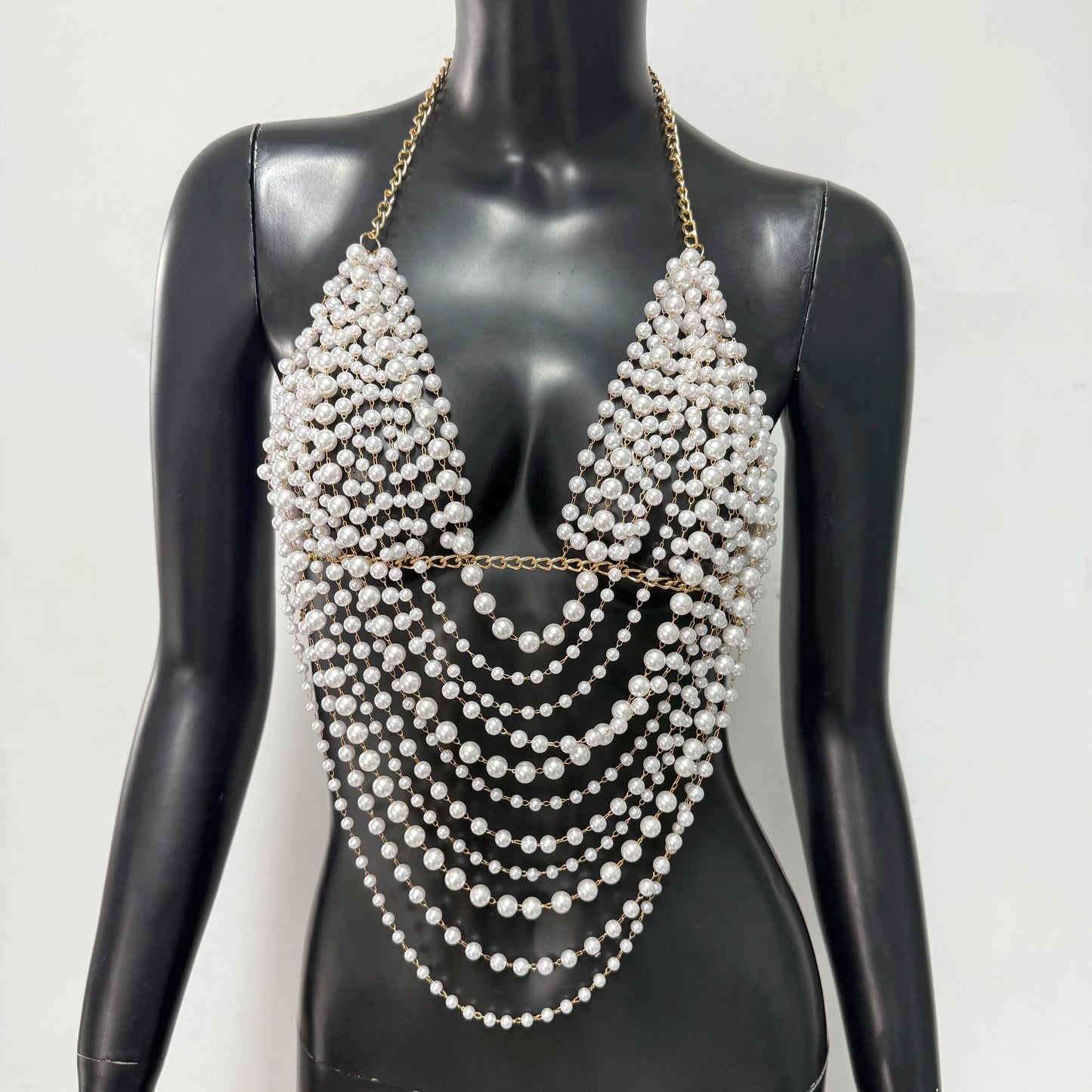 "White Pearl Silver Body Chain Suspender Fashionable Women's Layered Top