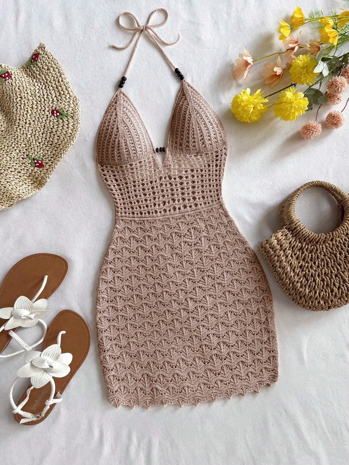 Gradient Knitted Summer Dress Sexy V-Neck, Slim Fit with Wood Beads