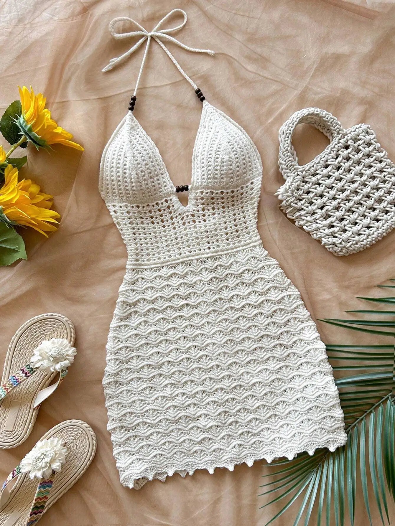 Gradient Knitted Summer Dress Sexy V-Neck, Slim Fit with Wood Beads