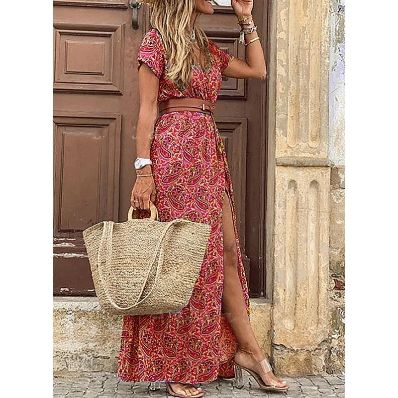 2024 Summer Boho Floral V Neck Long Dress with Belt