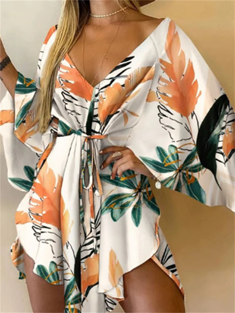 Women’s Boho Floral V Neck Mini Dress Summer Beach Sundress