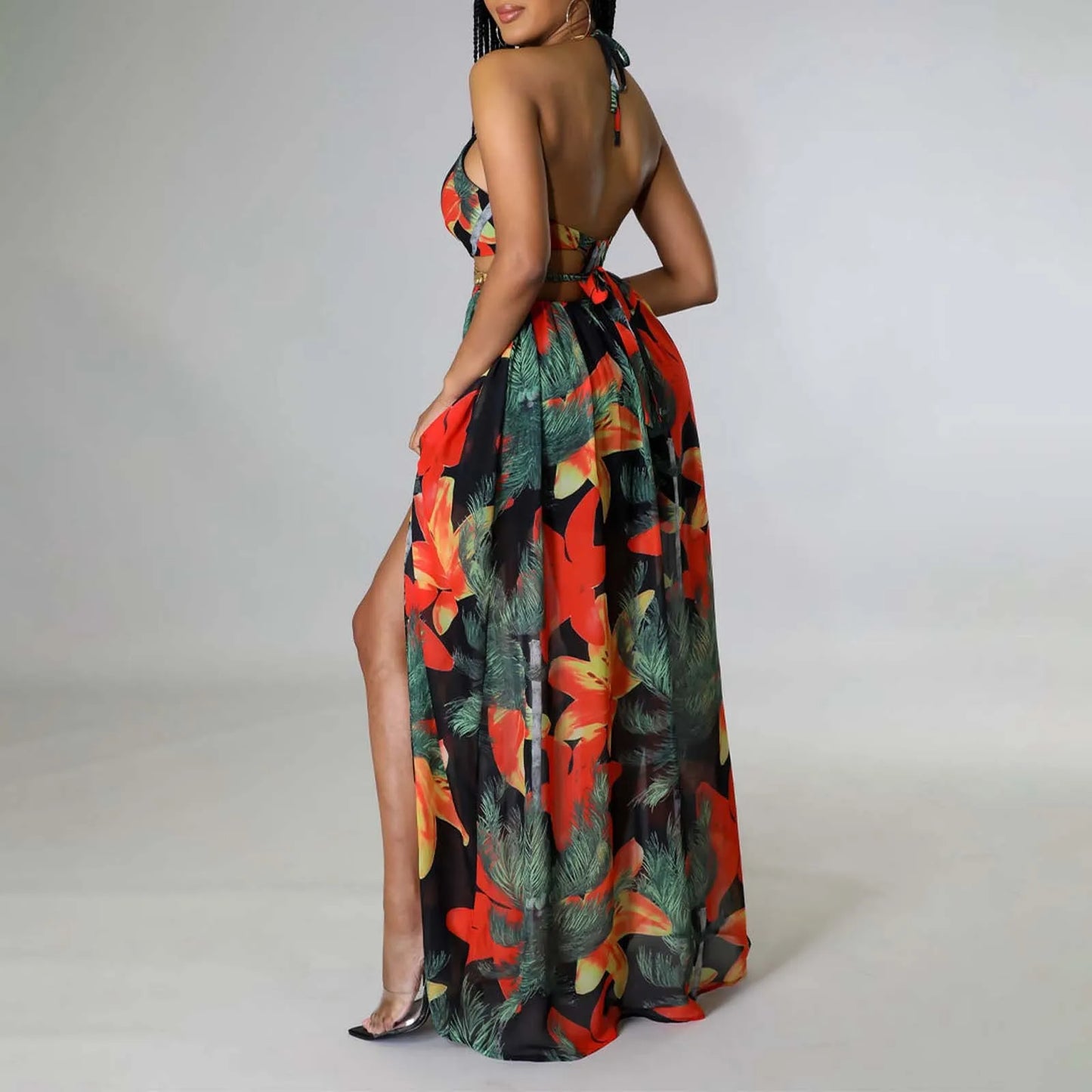 Floral Print French Halterneck Maxi Dress Elegant Summer Split