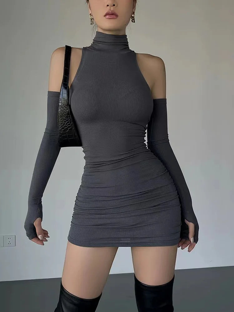 JEYONGZOO Women’s Ruched Turtleneck Bodycon Mini Dress