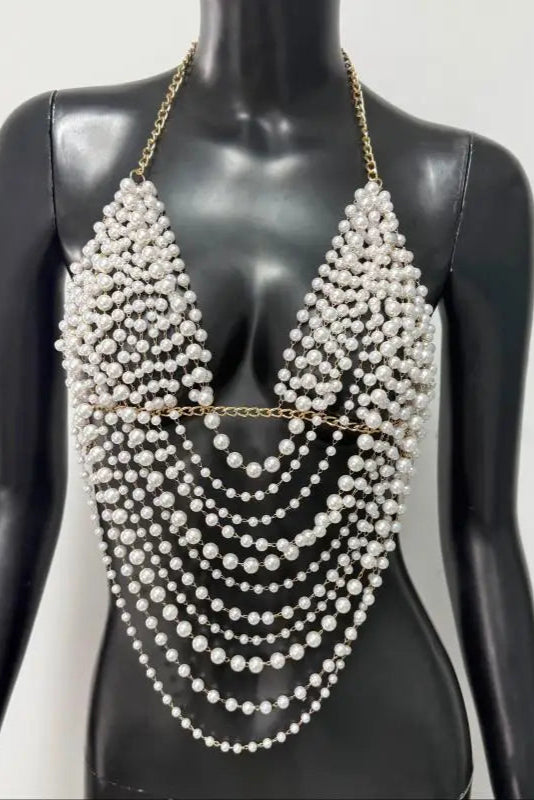 "White Pearl Silver Body Chain Suspender Fashionable Women's Layered Top