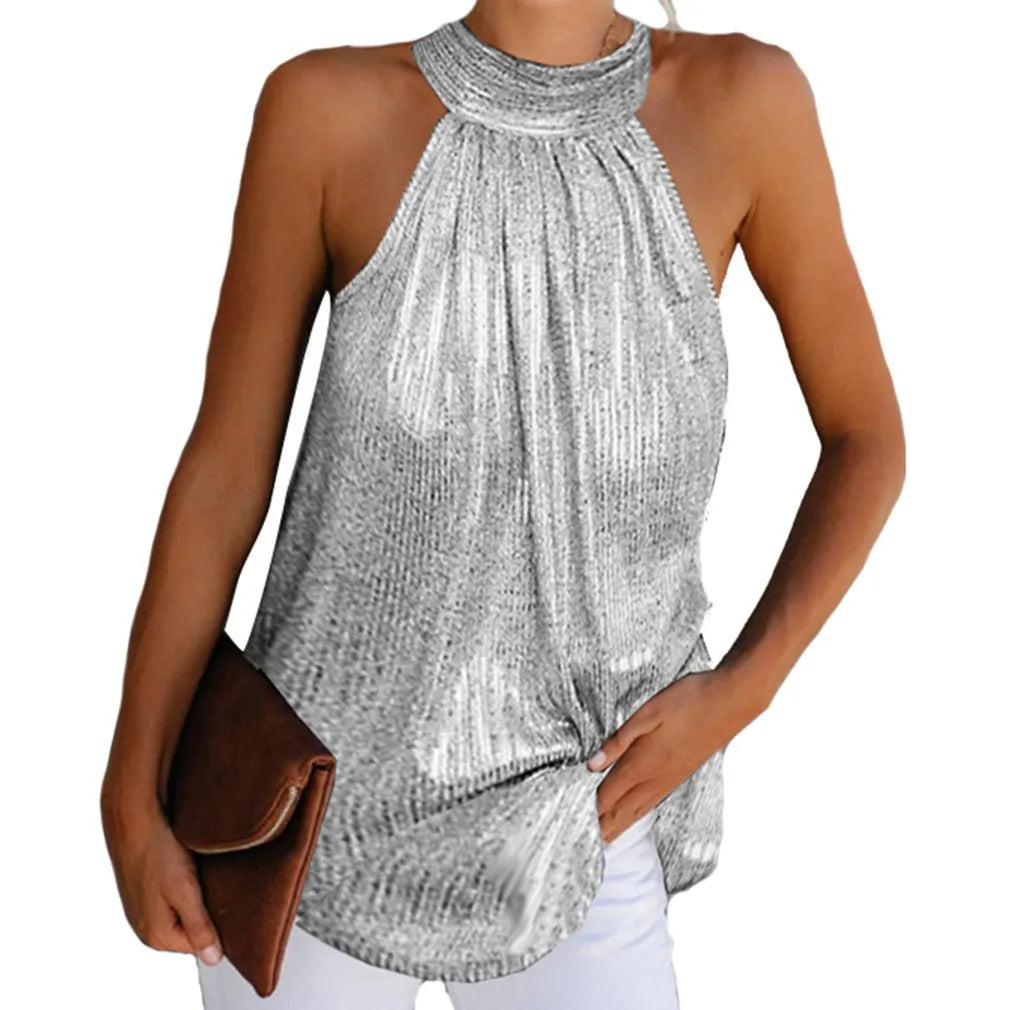 Plus Size Bright Silk Off Shoulder Sleeveless Tee for Women