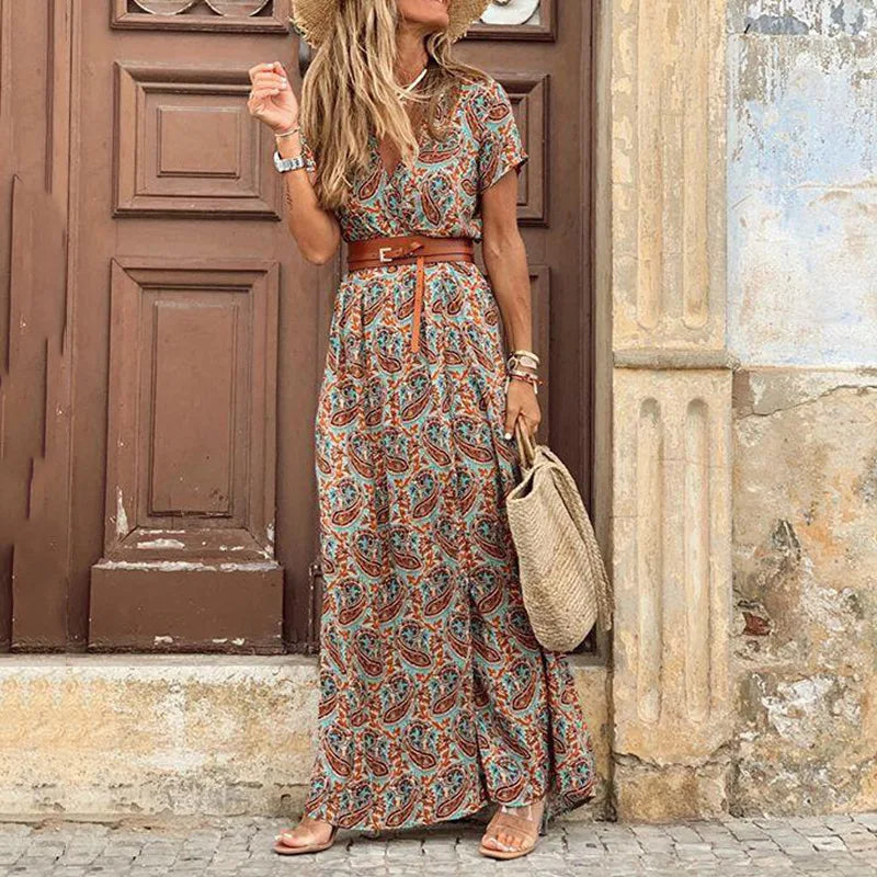 2024 Summer Boho Floral V Neck Long Dress with Belt